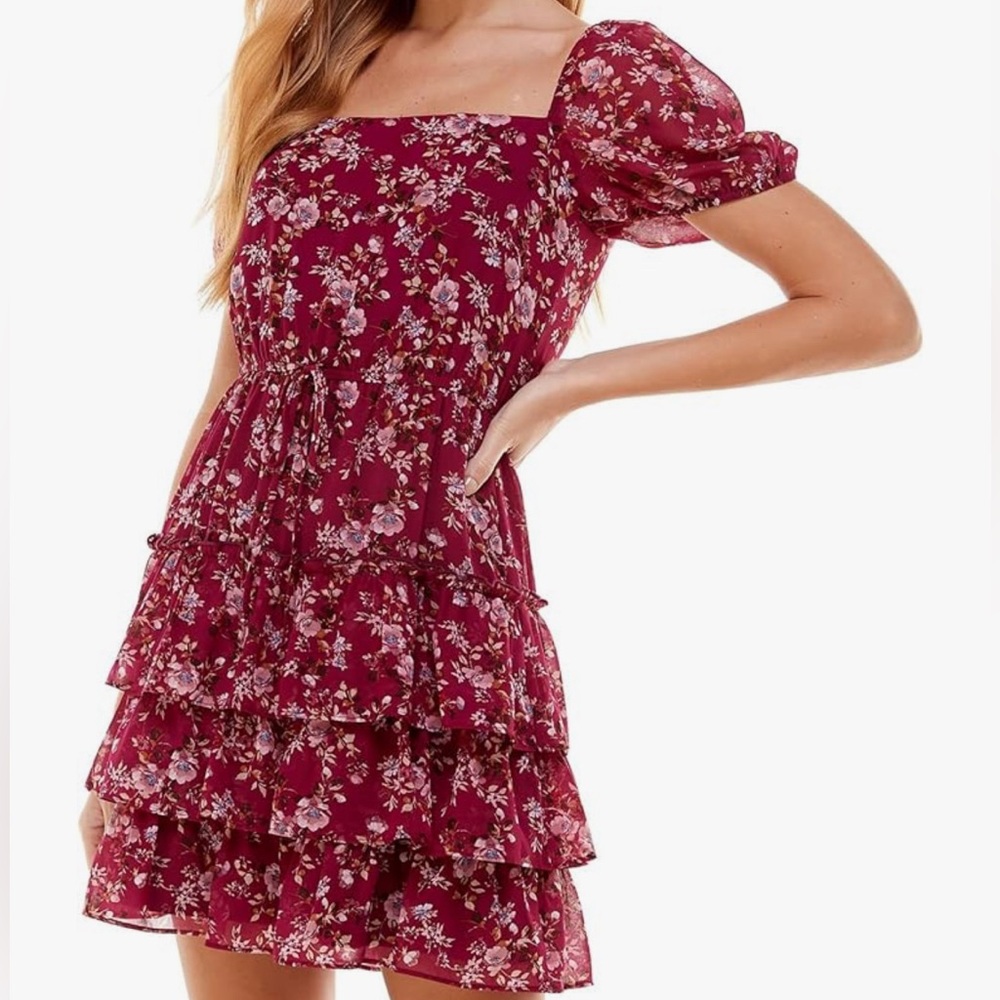 CITY STUDIO Womens Purple Tie Floral, Square neck, Flare Dress, XL juniors